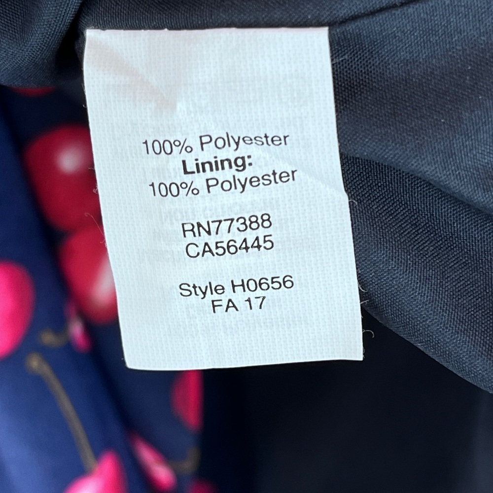 J Crew Factory Cherry Print Dress Ruffled Neck and Hemline Faux Wrap Navy Red 12 - Picture 10 of 11